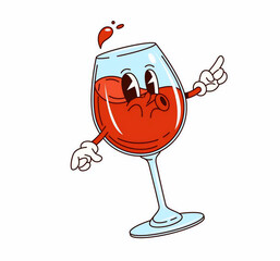 A Whimsical Retro Cartoon Character Depicting a Glass of Red Wine with a Playful Expression and Dynamic Pose	