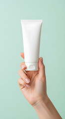 Clean Skincare Product Photography with Hand Holding Cosmetic Tubes, Jars, Droppers, Pumps, and Beauty Tools on Minimal Pastel Background