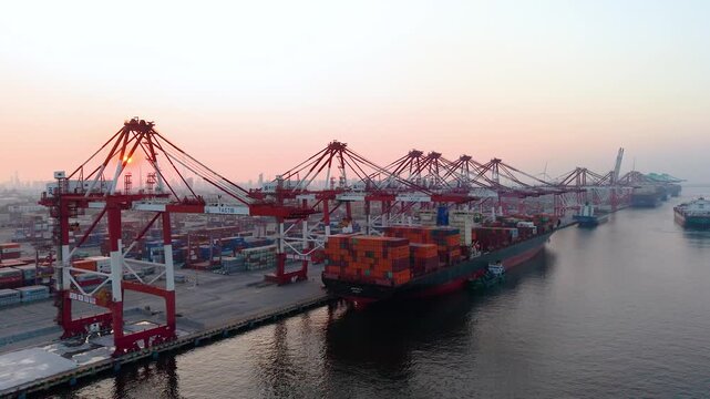 Aerial view of the cargo terminal of Tianjin Port at dusk
