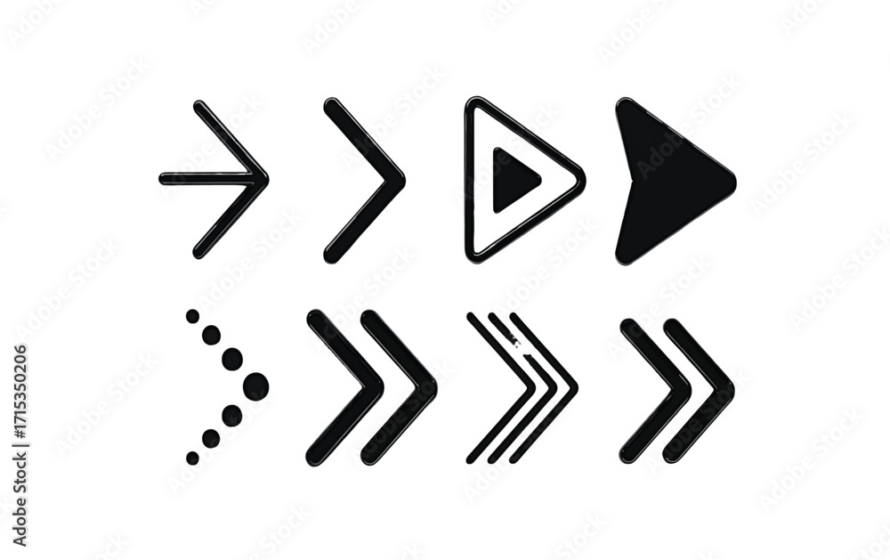Poster collection of black arrows and play buttons on white background direction pointer