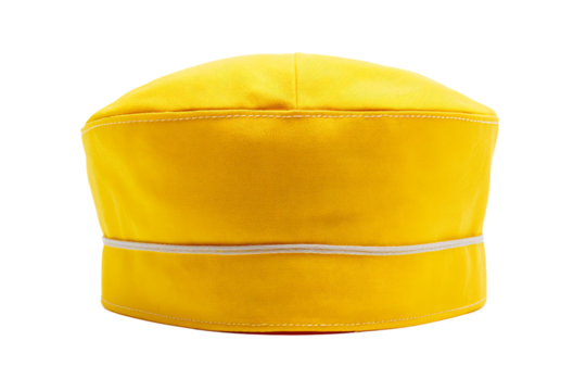 a yellow hat with a white stripe on the side
