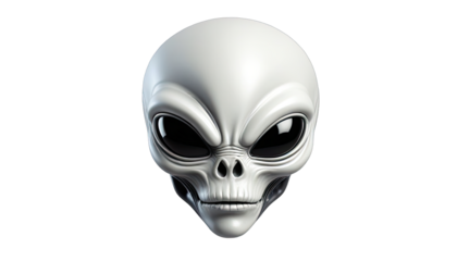 Gray alien head, front view.  3D rendered,  realistic,  pale gray,  large dark eyes,  pronounced forehead,  sharp features,  human-like skull,  serious expression