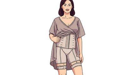 Woman demonstrating various effective shapewear pieces, like a waist cincher and thigh shapers, for body contouring and enhancing confidence