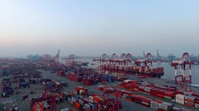 Aerial view of the cargo terminal of Tianjin Port at dusk