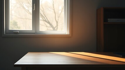 Fototapeta premium Minimalist wooden desk bathed in morning sunlight, offering a clean and inspiring workspace.