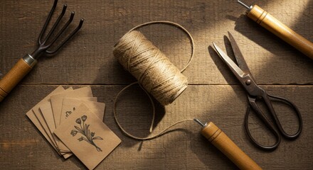 Rustic Gardening Tools and Supplies on Weathered Wooden Surface, Top View.
