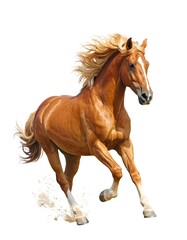 A magnificent chestnut horse in full gallop against a stark white background displays powerful musculature and a flowing mane and tail.