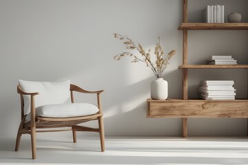 Relaxing modern interior with wooden chair, books, and minimalist decor for serene living