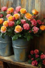 Vibrant pink and yellow roses arranged in rustic metal buckets on a wooden table against a weathered wooden wall, evoking warmth and natural beauty