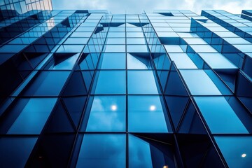 Obraz premium Modern glass skyscraper with reflective blue windows and geometric pattern under a cloudy sky