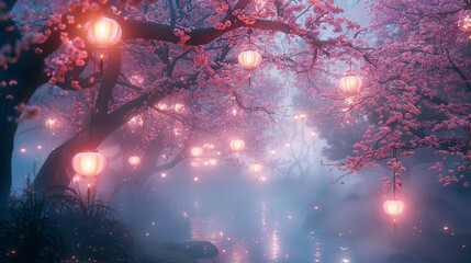 提灯が光る幻想的な桜の森
