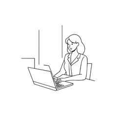 Black and white line art of a beautiful successful career woman working at desk with laptop illustration
