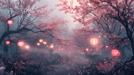 提灯が光る幻想的な桜の森
