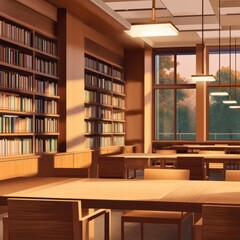 Cozy library interior with wooden furniture, bookshelves, and warm lighting, perfect for studying and reading