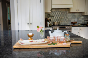 Sweet pink tea party set up for brunch.