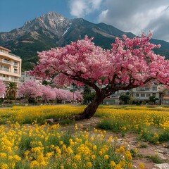 　桜と菜の花が織りなす武雄の里の春景色。