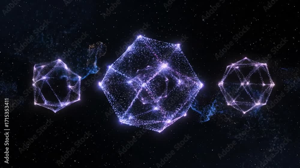 Wall mural seamlessly looping video showcasing glowing cosmic particles forming complex geometric patterns and 