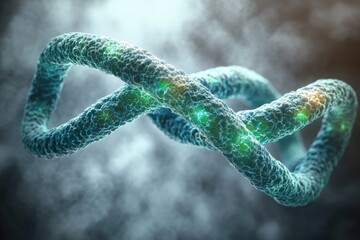 Close-up scientific visualization of a three-dimensional, textured, twisted molecular structure with glowing green nodes inside a cloudy, misty environment