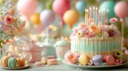 Birthday Cake, Macarons, Pastel Party Decor - Celebration