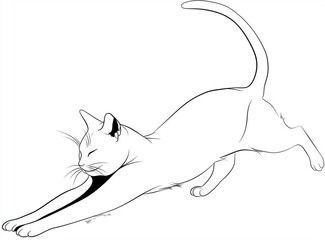 Simple line drawing vector of a cat stretching in profile with tail raised upward and legs extended straight, black and white minimalist illustration isolated on white background for coloring pages