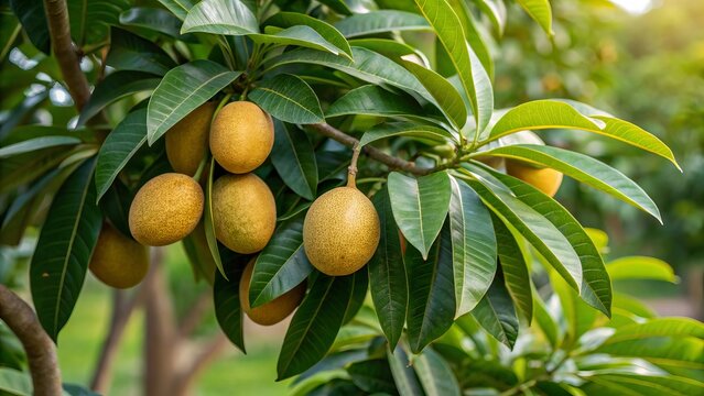 A lush lucuma orchard tree full of ripe golden lucuma fruits hanging among green leaves, bathed in warm daylight, symbolizing natural harvest and tropical abundance