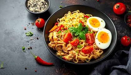 A vibrant dish of noodles, chicken, and eggs, topped with fresh tomatoes, garnished with fresh basil.