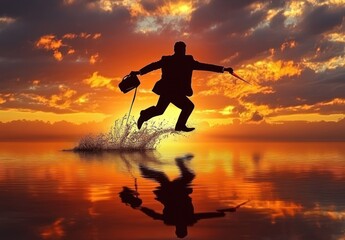 silhouette of a man in business suit joyfully jumping over water at sunset with briefcase and umbrella creating splashes and reflection