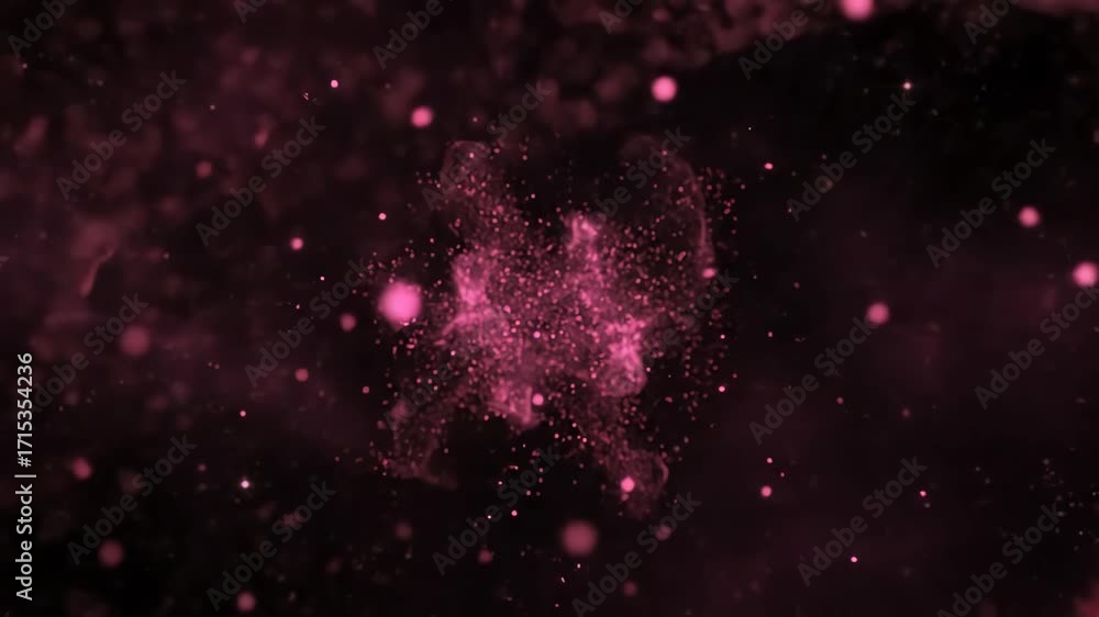 Poster seamlessly looping video portraying ethereal pink cosmic particles gently diffusing and scattering s