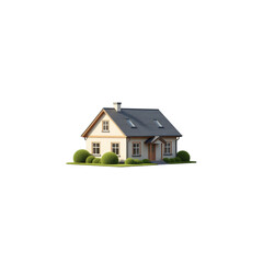 Charming Suburban House with Manicured Bushes on Black Background Keywords: house, home isolated on a transparent background