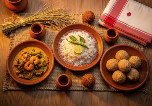 An overhead shot of an assamese thali with rice, curry and sweets on a jute mat with pottery bowls