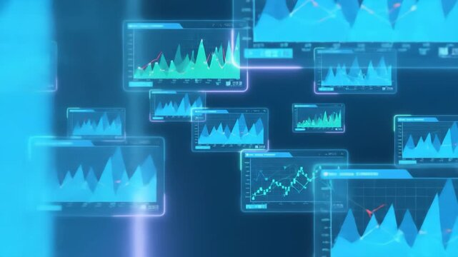 An array of floating holographic screens displaying dynamic financial data, stock market charts, and analytical graphs with bright green and blue highlights on a deep blue digital background.