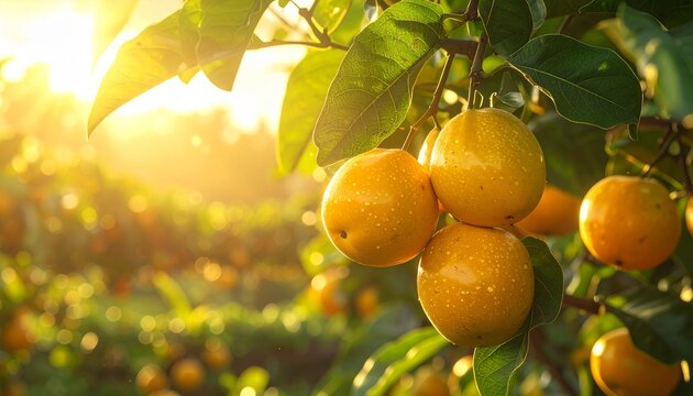 A lush lucuma orchard tree full of ripe golden lucuma fruits hanging among green leaves, bathed in warm daylight, symbolizing natural harvest and tropical abundance