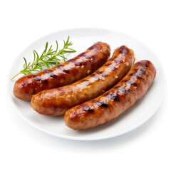 Three grilled sausages on a white plate with a sprig of rosemary.