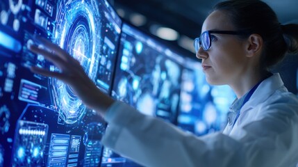 Scientist interacting with futuristic holographic display in a high-tech laboratory setting