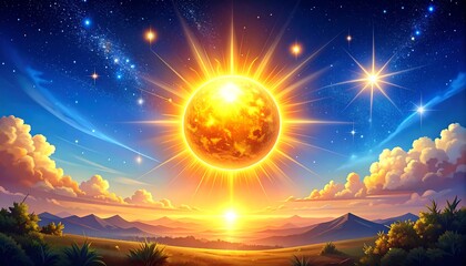 A vibrant celestial scene portrays a massive sun, shining brightly over a serene landscape at sunrise, with stars scattered across the vast expanse of the night sky.