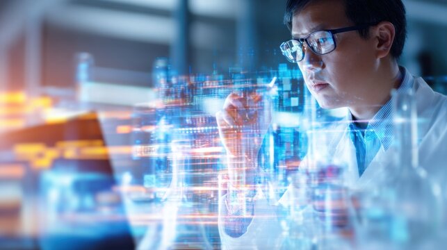 Scientist analyzing data in a modern laboratory with digital overlays and glassware in the background