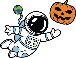 Fototapeta premium Astronaut floating with Earth and Jack O Lantern space
