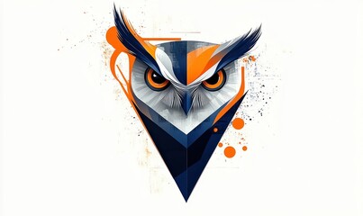 Abstract geometric illustration of an owl face with sharp angular features in dark blue, orange, and gray tones on a white background conveying intensity and focus