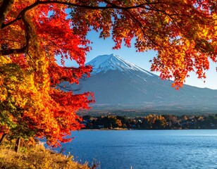 Fototapeta premium Vibrant autumn foliage frames a stunning view of Mount Fuji over a tranquil lake, showcasing breathtaking colors and a serene atmosphere.