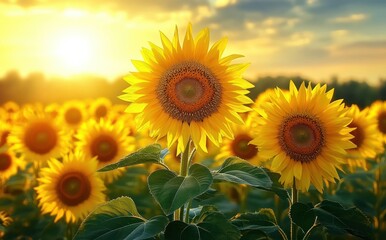 Obraz premium Bright and vibrant sunflowers blooming in a field during golden sunset with lush green leaves and a serene sky in the background
