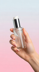 Clean Skincare Product Photography with Hand Holding Cosmetic Tubes, Jars, Droppers, Pumps, and Beauty Tools on Minimal Pastel Background