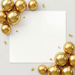 Festive Gold Balloons and Confetti Frame a Blank White Card