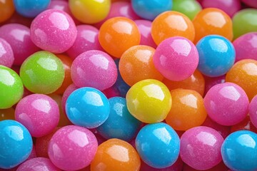 Close-up view of shiny, colorful round candies in various bright colors including pink, blue, orange, green, and yellow, evoking a cheerful and playful mood