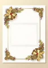 Elegant New Year Card with Golden Bells, Pine Cones and Holly Frame on White Background