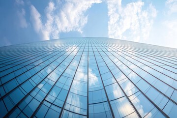 Perspective view of a modern glass skyscraper reflecting blue sky and white clouds, creating a serene and expansive feeling