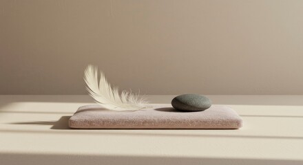 Serene Still Life: Feather, Stone, and Soft Pillow in Neutral Tones