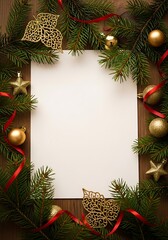 Blank white card framed by festive evergreen branches, golden ornaments, and red ribbon, perfect for holiday greetings