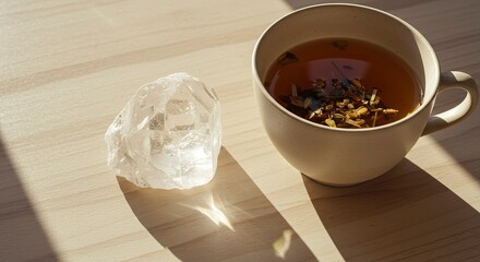 Serene Still Life: Herbal Tea, Quartz Crystal, and Sunlight on Wood Surface