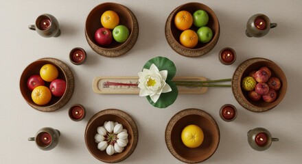 Serene Still Life: Fruit Bowls, Lotus, and Candles in Warm Light
