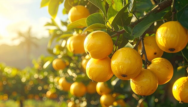 A lush lucuma orchard tree full of ripe golden lucuma fruits hanging among green leaves, bathed in warm daylight, symbolizing natural harvest and tropical abundance